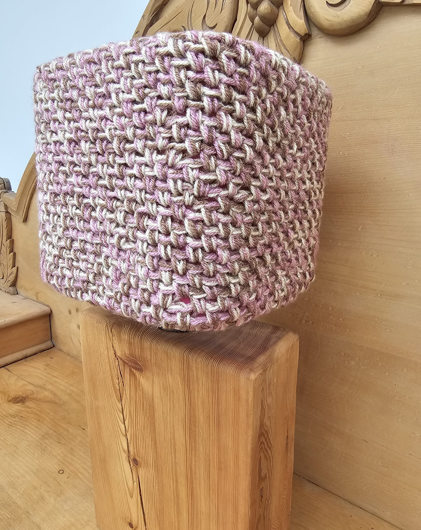 Pink and beige crochet lamp shade