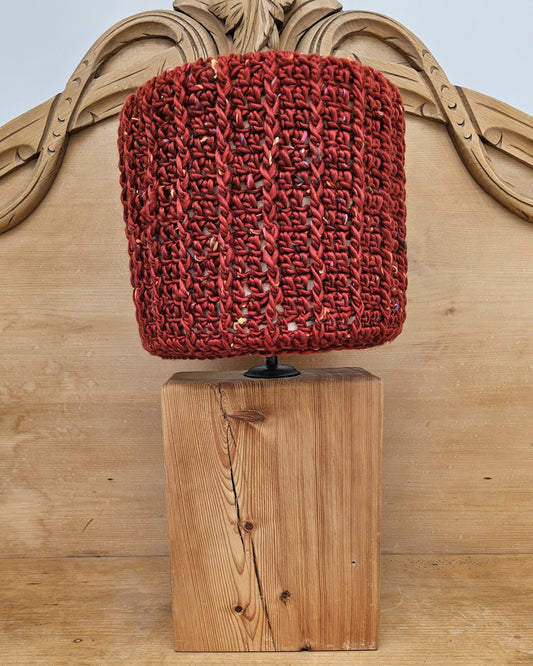 Red crochet lamp shade made with recycled yarn