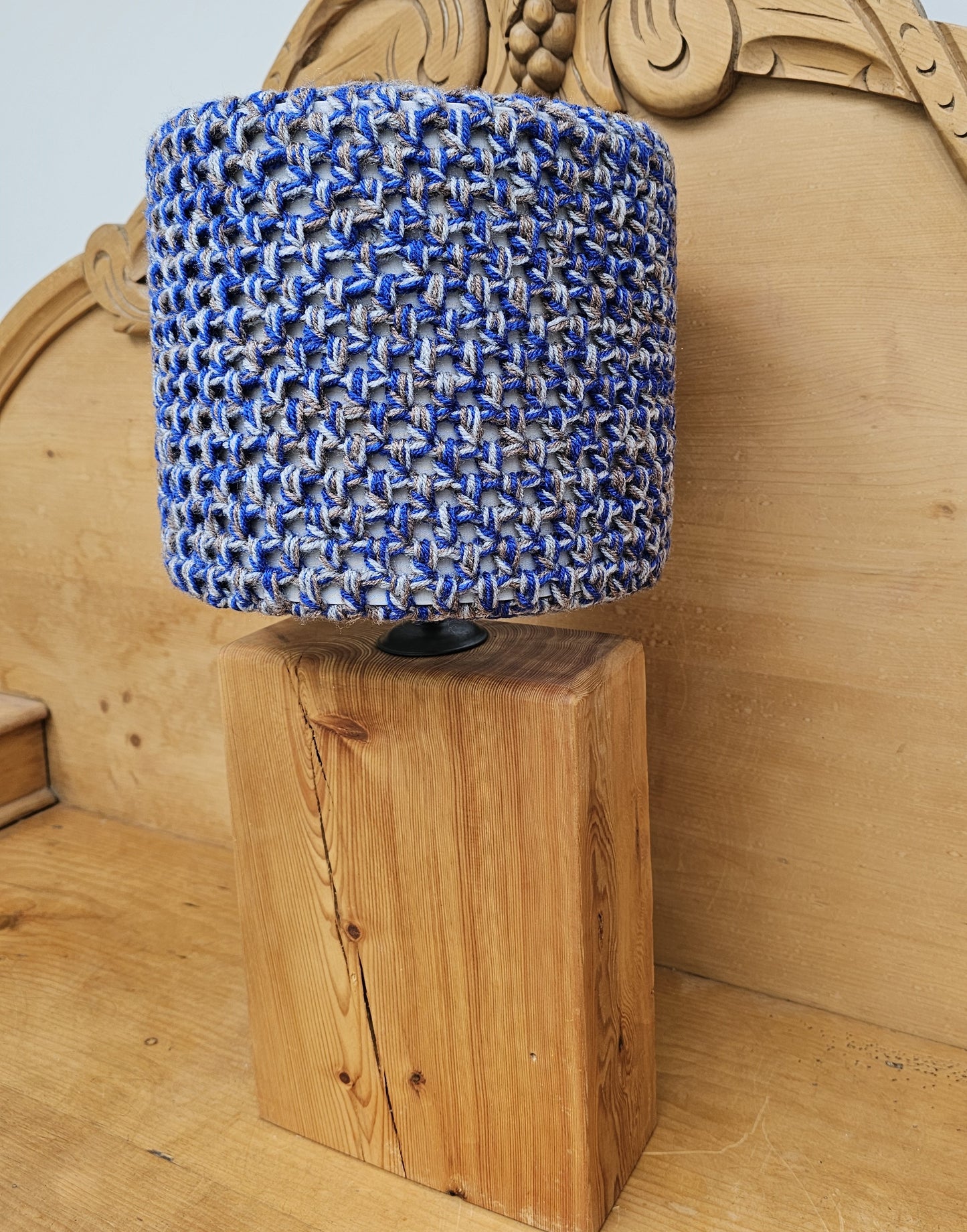 Blue and grey crochet lamp shade