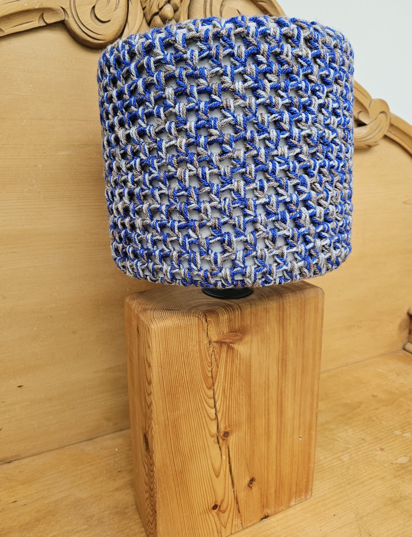 Blue and grey crochet lamp shade