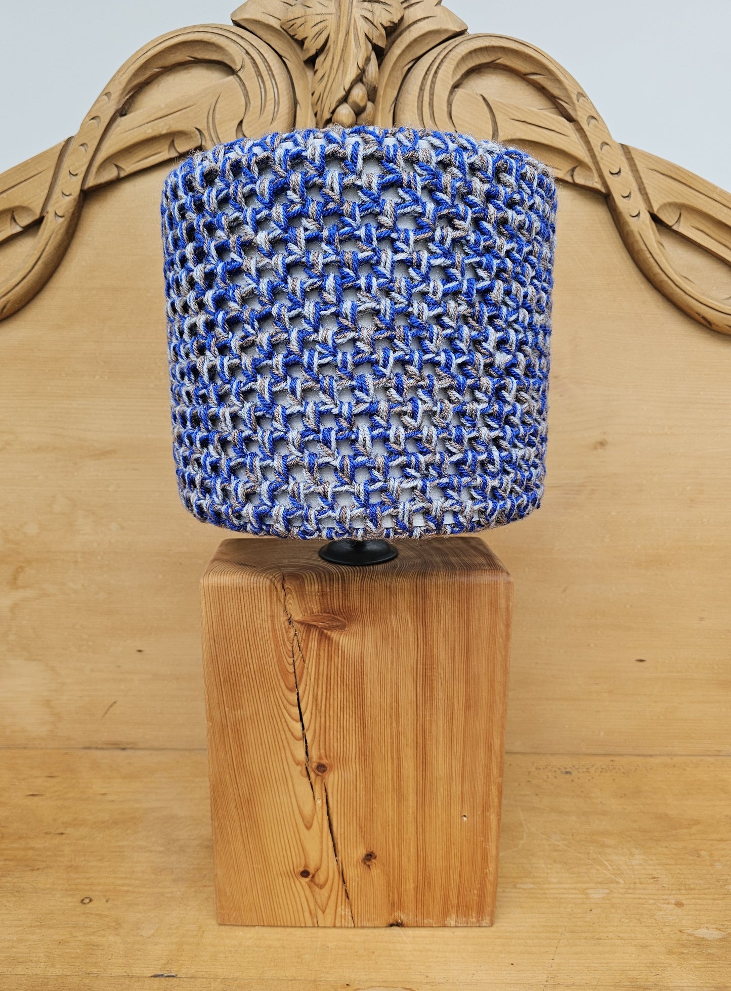 Blue and grey crochet lamp shade