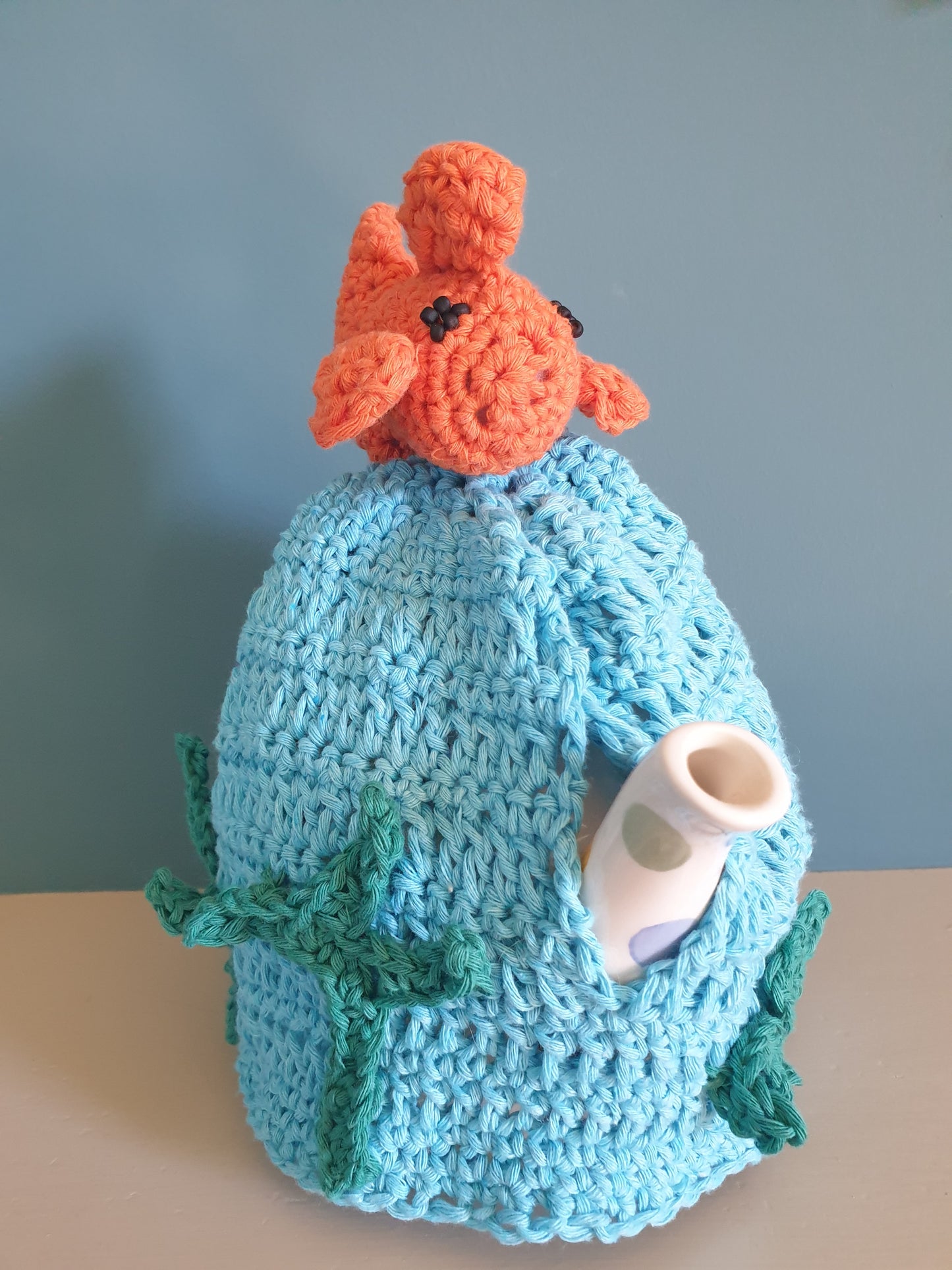 Goldfish amigurumi tea cosy