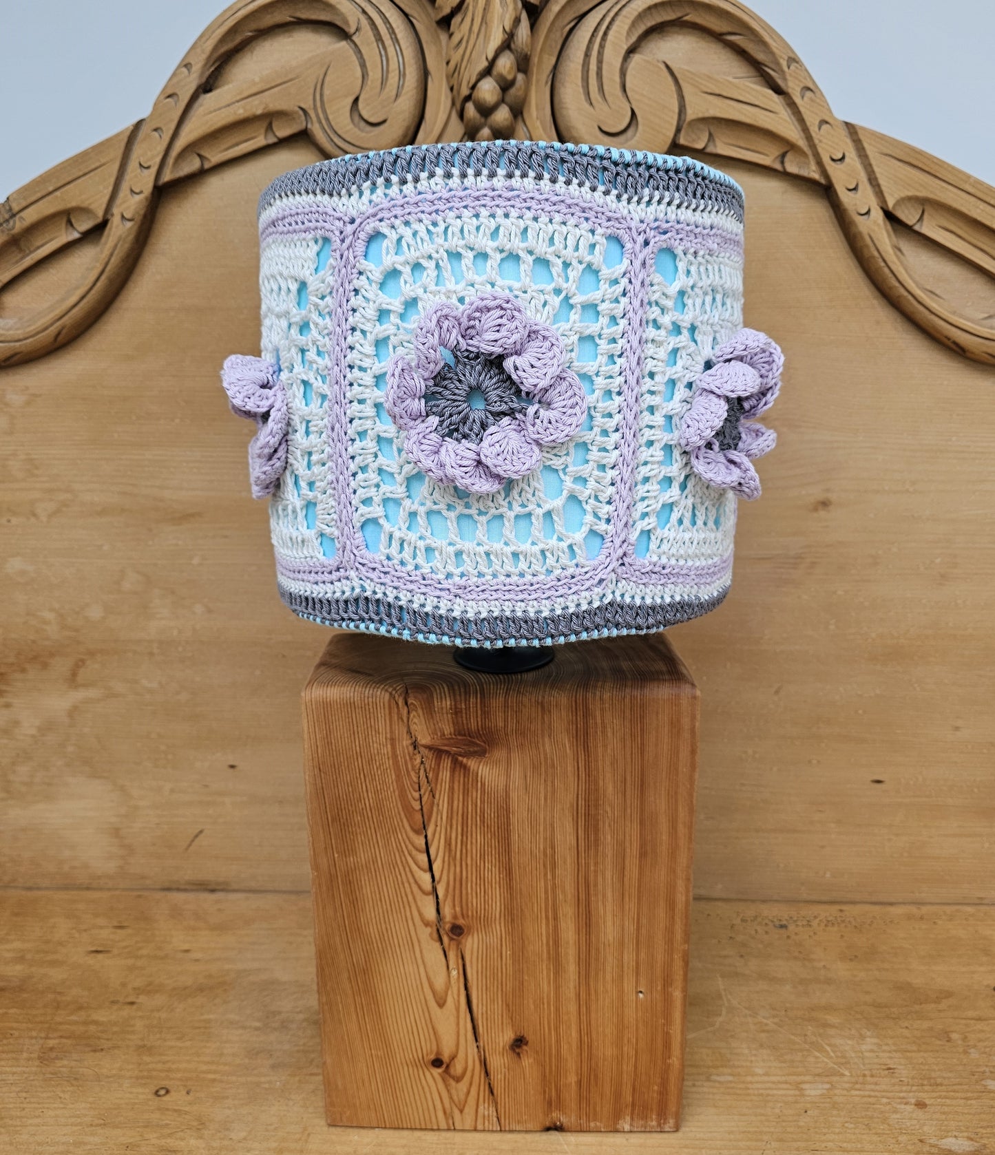 Crochet lamp shade - lilac, grey granny squares