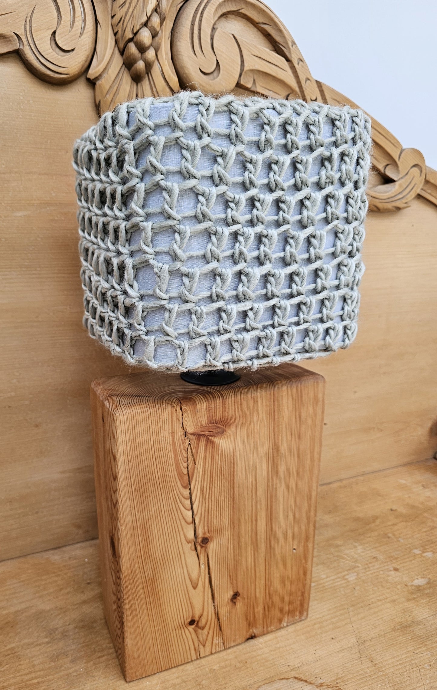 Soft grey crochet lamp shade made with recycled yarn