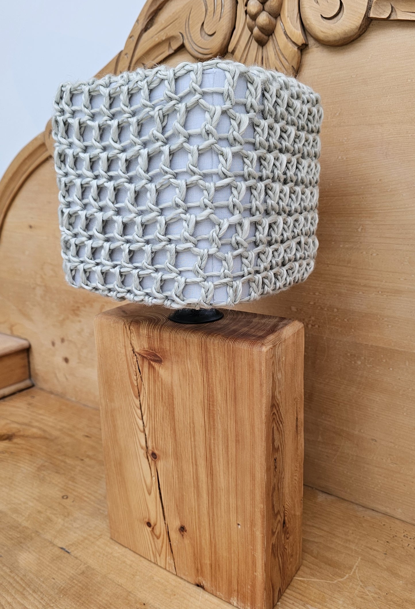 Soft grey crochet lamp shade made with recycled yarn