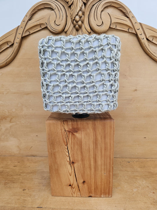 Soft grey crochet lamp shade made with recycled yarn