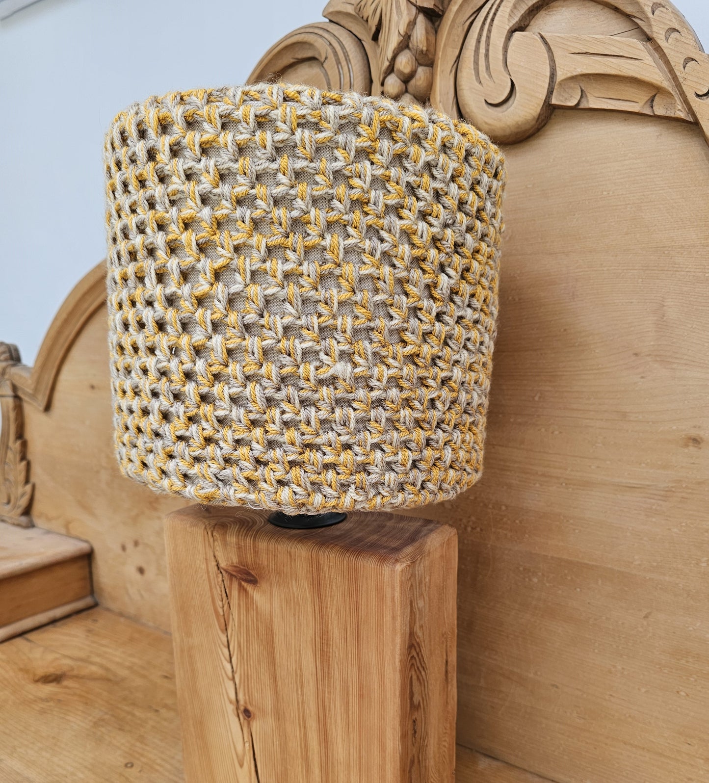 Soft yellow and beige crochet lamp shade